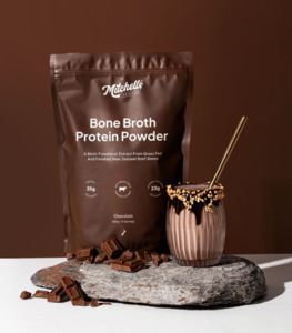 Products: MITCHELLS BONE BROTH PROTEIN POWDER CHOCOLATE 500g - Whole Heart Hamilton New Zealand