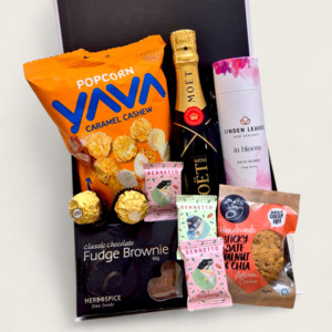 Petite Pleasures- Mini Moet, Bath Bombs & Chocolate Gift Basket
