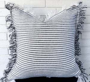 Cushion Covers: Fringed European Flax Linen Cushion Cover - Charcoal Stripe