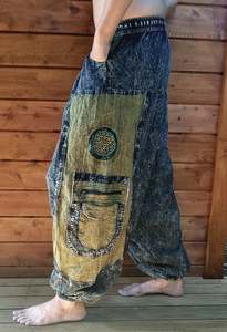 Flower Of Life - Green, Black Stonewashed Pants.