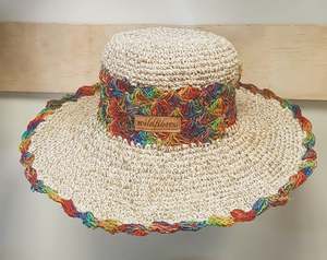Hemp Hats: Hand made Crochet rainbow hemp hat (small brim)
