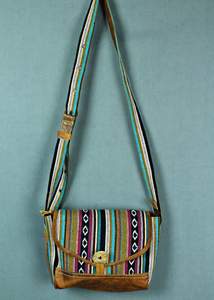 Cotton and Buffalo Leather Button Bag - Teal/Pink Multi