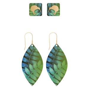 Jewelry: Teardrop Earring Set plus Ear Studs - Kiwi and Ferns
