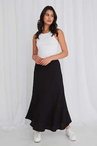 Womens Skirts: RE:UNION LABEL LAGOS BLACK LINEN FLOATY BIAS CUT MAXI SKIRT - BLACK