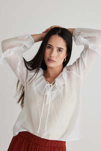 Womens Sale Apparel: AMONG THE BRAVE DAILY SHEER TEXTURE FRILL FRONT TOP - IVORY