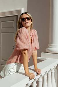 Womens Tops: IVY + JACK CLOSURE BLUSH RAMIE HIGH NECK BUTTONED SS TOP - BLUSH