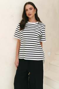 Womens Tees: REUNION THE LABEL BINDING BLACK WHITE STRIPE BOXY FIT TEE