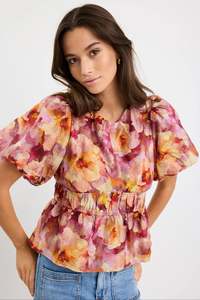 Womens Tops: GEORGIA MAE PROVOKE PINK MULTI FLORAL BUBBLE SLEEVE TOP