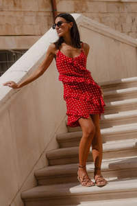 GEORGIA MAE PASSION CHERRY DITSY POLKA DOT BIAS RUFFLE MINI SLIP DRESS