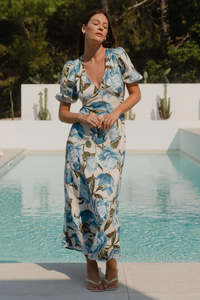 Womens Dresses: AMONG THE BRAVE AMORA BLUE VINTAGE FLORAL SS BIAS MIDI DRESS