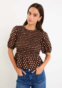 AMONG THE BRAVE REQUITE CHOCOLATE POLKA DOT SHIRRED BODY SS TOP