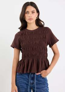 Best Selling: STORIES BE TOLD - NEAT SLUB SHIRRED DETAIL SS TEE - CHOCOLATE