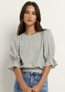 IVY & JACK LOVELY KHAKI STRIPE SHIRRED BACK SS TOP- KHAKI STRIPE