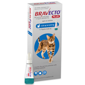 Products: Bravecto PLUS Spot-on for Medium Cats: 2.8 - 6.25kg