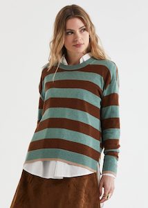 Zaket + Plover:   Block Stripe Crew Jumper. Moss.