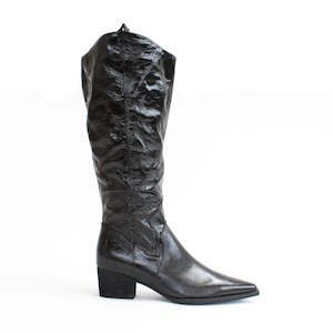 Long Boots: Giddy Up Gal Black Crinkle Patent