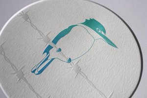 Products: KINGFISHER ON BARBED WIRE Letterpress Print Windmill Press New Zealand - Windmill Press