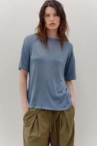 Mink Silk Embroidery Tee - Smokey Blue