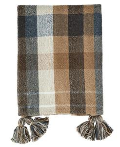 Cushions: Madam Stoltz Recycled cotton throw, Camel, brown, blue, white