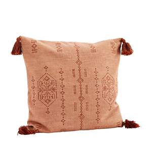 Cushions: Embroidered cushion cover w/tassels, coral/brick