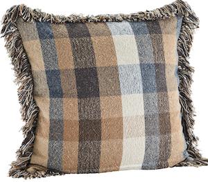 Cushions & Throws: * SPECIAL 30% OFF Checked cushion cover w/ fringes, Camel, brown, blue, white