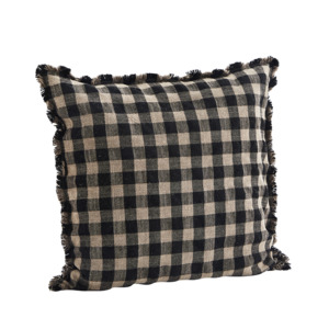 Cushions: Stonewashed Cotton Checked cushion cover w/ fringes, Brown/Black