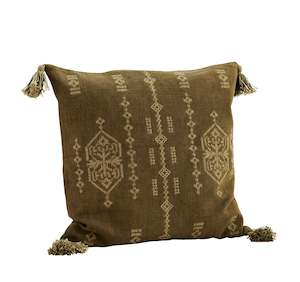 Cushions: Embroidered cushion cover w/ tassels, Olive/green 50x50cm