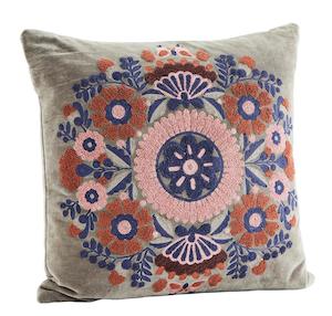 Cushions: Velvet cushion cover w/ embroidery - Grey, old rose, blue, burnt orange, burgundy
