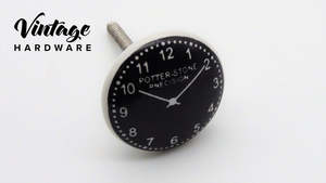 Handles: Ceramic Knob - Black Potter-Stone Clock Face