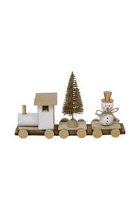 Decor Wall Art: Gold White Timber Train with Snowman