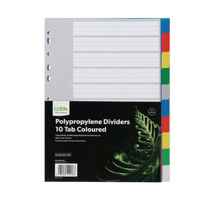 Icon PP Dividers 10 Tab Coloured A4 WORK BUDDY
