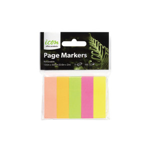Icon Page Markers 15mm X 50mm Neon 5 Pack WORK BUDDY