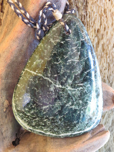 Chatoyant White-Veined Bowenite Drop Pendant Woven Stone Jade