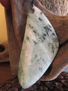 Products: Large Dappled White Bowenite Trigonal Drop Pendant Woven Stone Jade