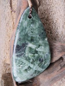 Large Seraphinite Trigonal Drop Pendant Woven Stone Jade