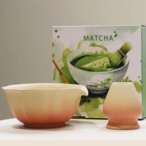 Matcha Bowl: Embossed Gradient Yellow-Pink Matcha Set 2 Pieces