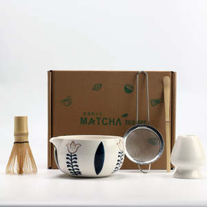 Matcha Set: White Porcelain Hand-Painted Floral Matcha Set 5 Pieces