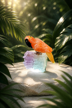 Orange and yellow Celcite Parrot on Fluorite raw