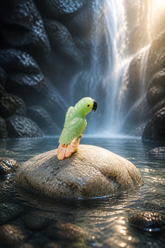 Green Adventurine and orange Celcite Parrot on Amethyst