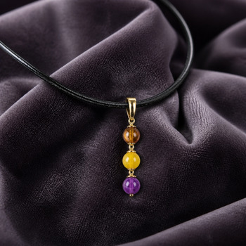 Catseye and purple crackled glass citrine chip Pendant and Earring Gold