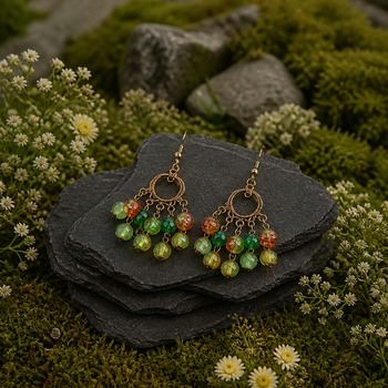 Catseye and Crackled Glass Gold Loop Earrings