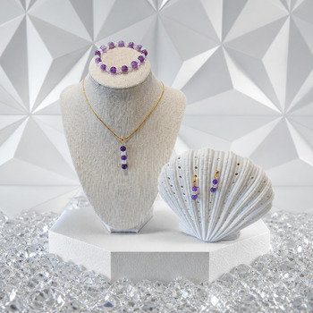 Amethyst and crackled Quartz Pendant Bracelet and Earring Gold