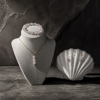 Rose quartz and cracked quartz Pendant Bracelet and Earring Gold