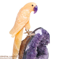 Animals: Orange Calcite Parrot on Amethyst Druse