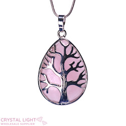 Rose Quartz Tree Of Life Teardrop Pendant