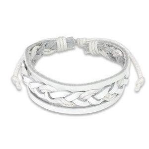 Bracelets: White Leather Bracelet with Double Strings Weaved Center