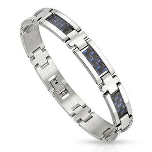 Blue Carbon Fiber Strips in Center Stainless Steel Bracelet
