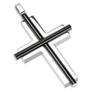 Stainless Steel Two Tone Black IP Oval Cylinder Bar Over Cross Pendant
