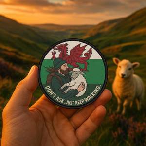 Lost in Wales, Found a Sheep – Funny Welsh Hiking Patch for Jackets & Backpacks