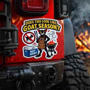 Paper: Cryptid Sticker - Chupacabra BBQ “Does This Look Like Goat Season?” Vinyl Decal